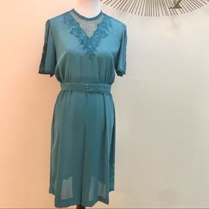 VTG Teal Blue Georgette Secretary Dress XL